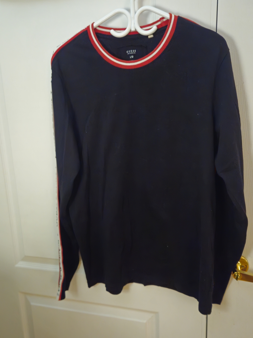 GUESS Black Long-Sleeve Crewneck Sweater with Red and White Trim